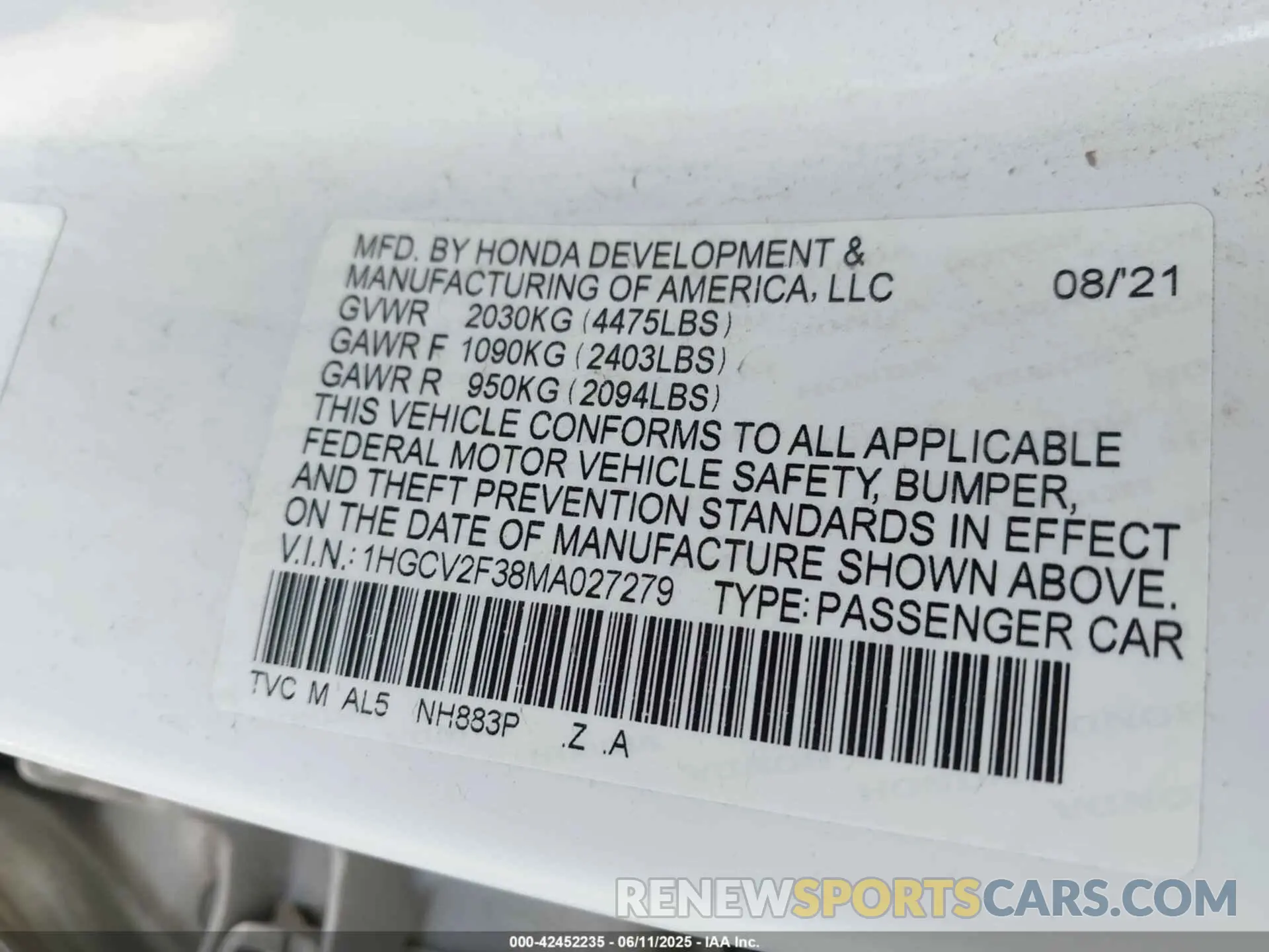 9 Photograph of a damaged car 1HGCV2F38MA027279 HONDA ACCORD 2021