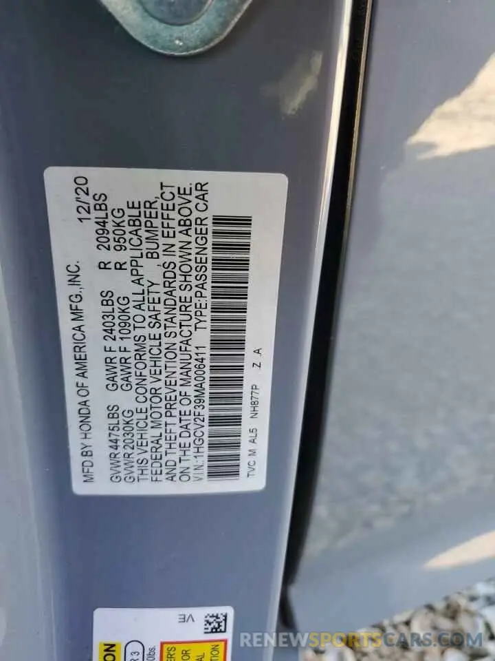 12 Photograph of a damaged car 1HGCV2F39MA006411 HONDA ACCORD 2021