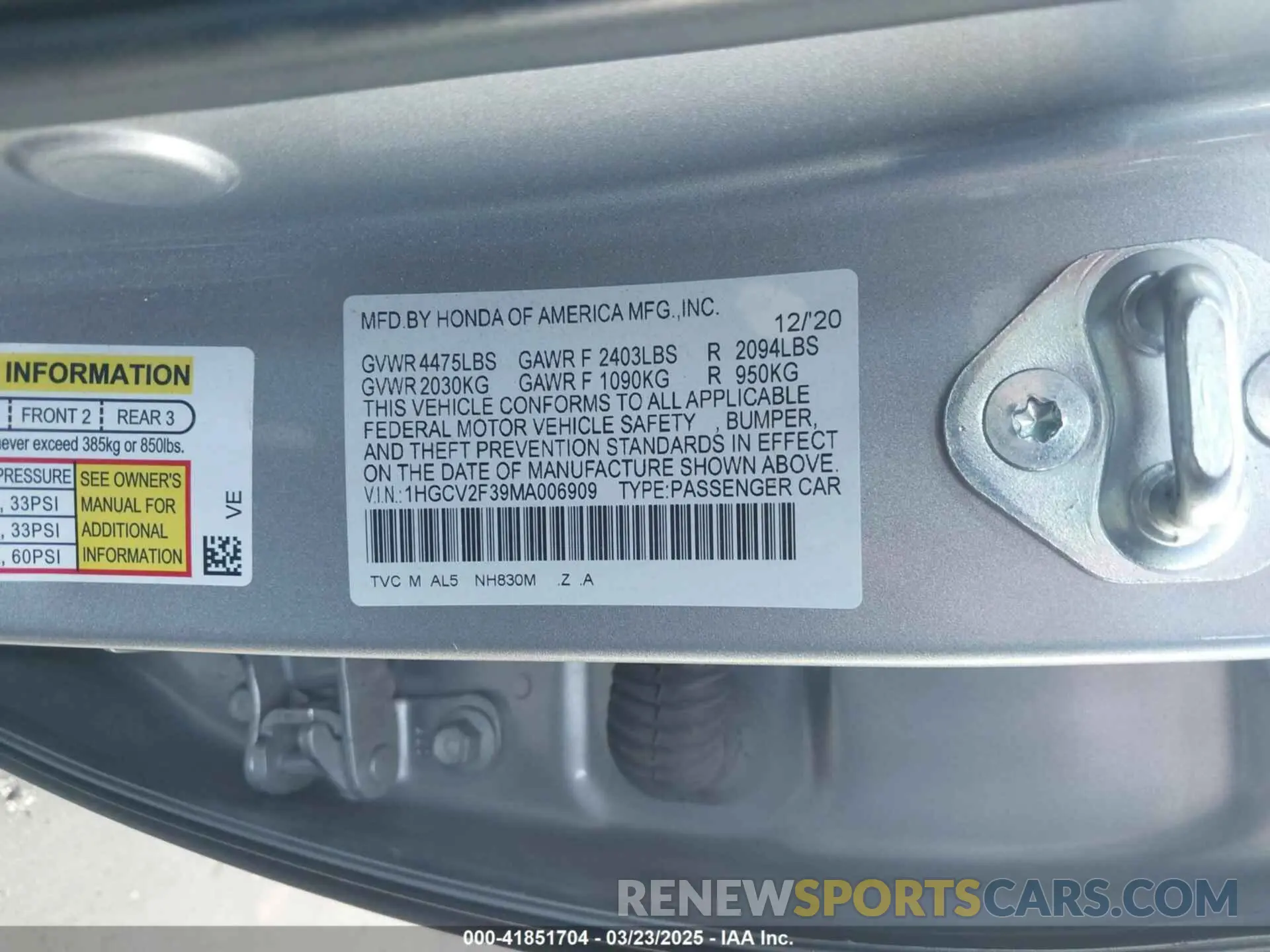 9 Photograph of a damaged car 1HGCV2F39MA006909 HONDA ACCORD 2021