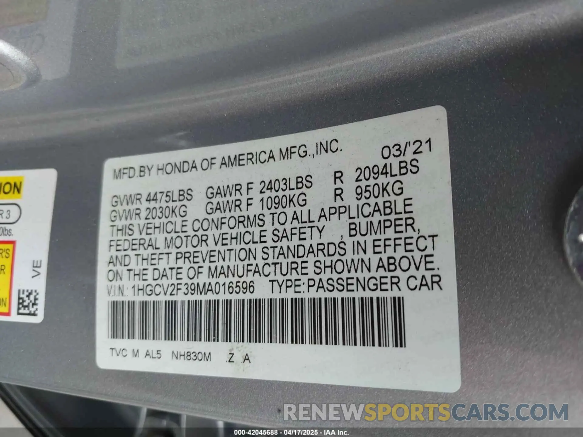 9 Photograph of a damaged car 1HGCV2F39MA016596 HONDA ACCORD 2021