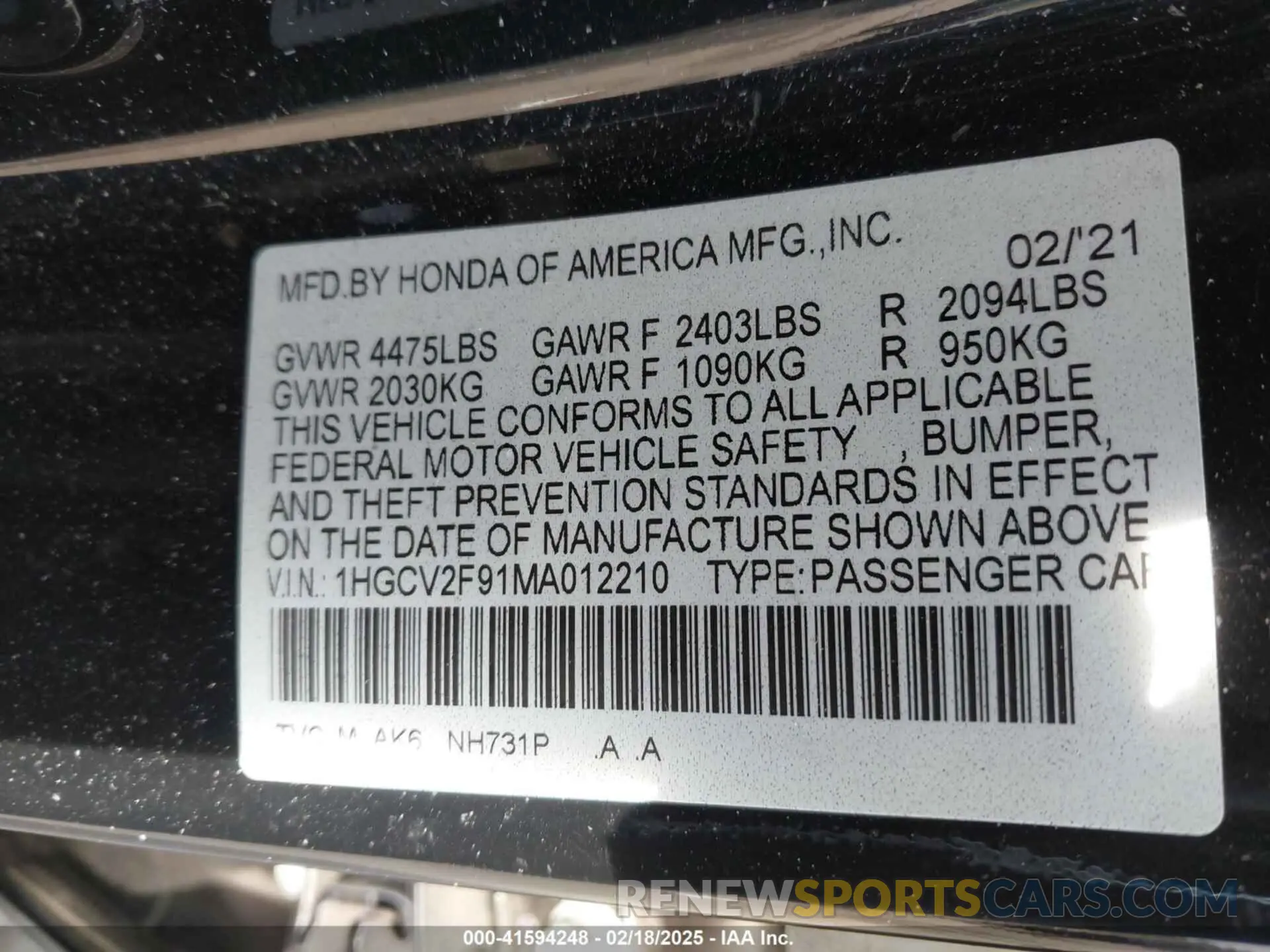 9 Photograph of a damaged car 1HGCV2F91MA012210 HONDA ACCORD 2021