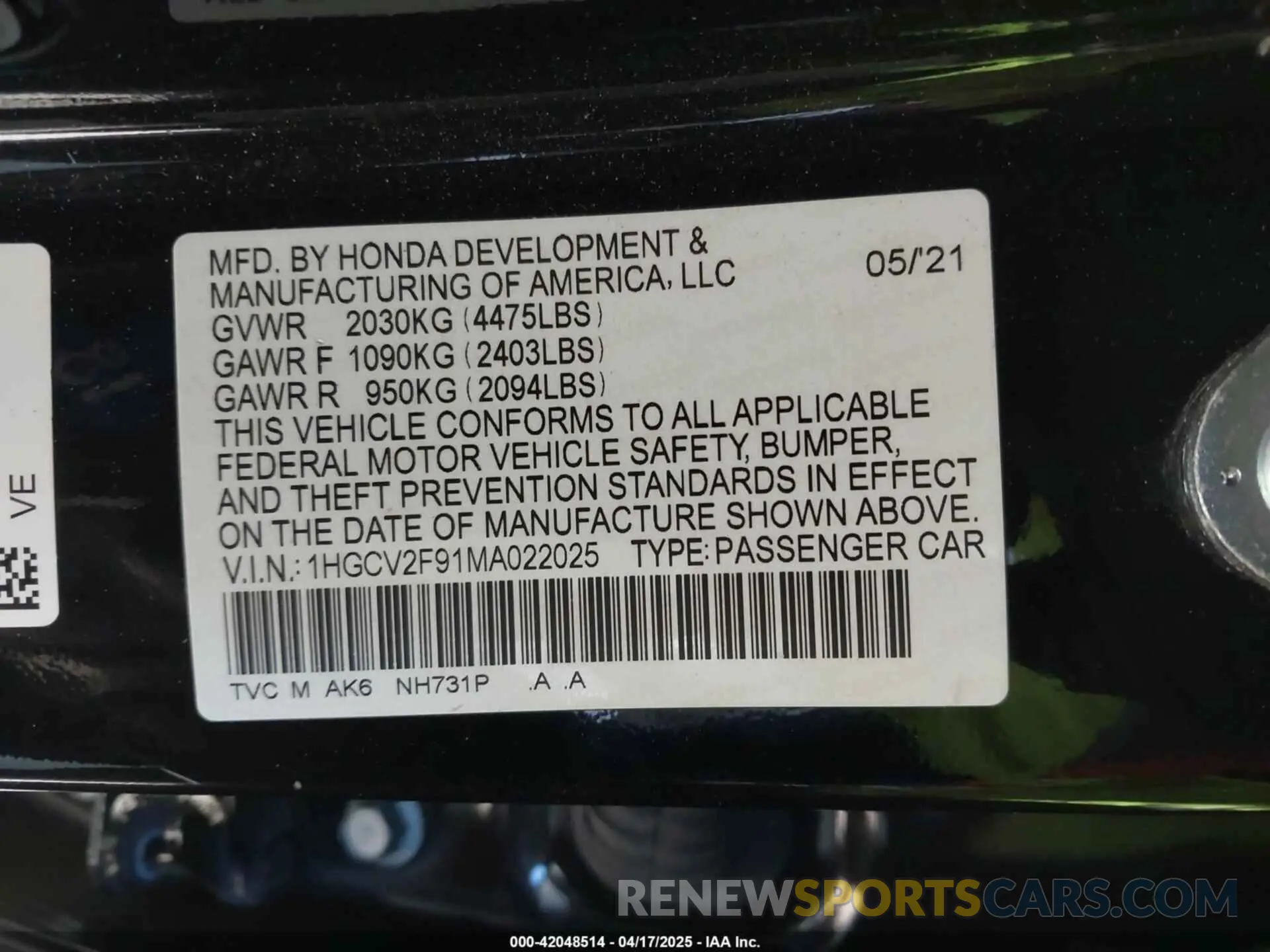 9 Photograph of a damaged car 1HGCV2F91MA022025 HONDA ACCORD 2021