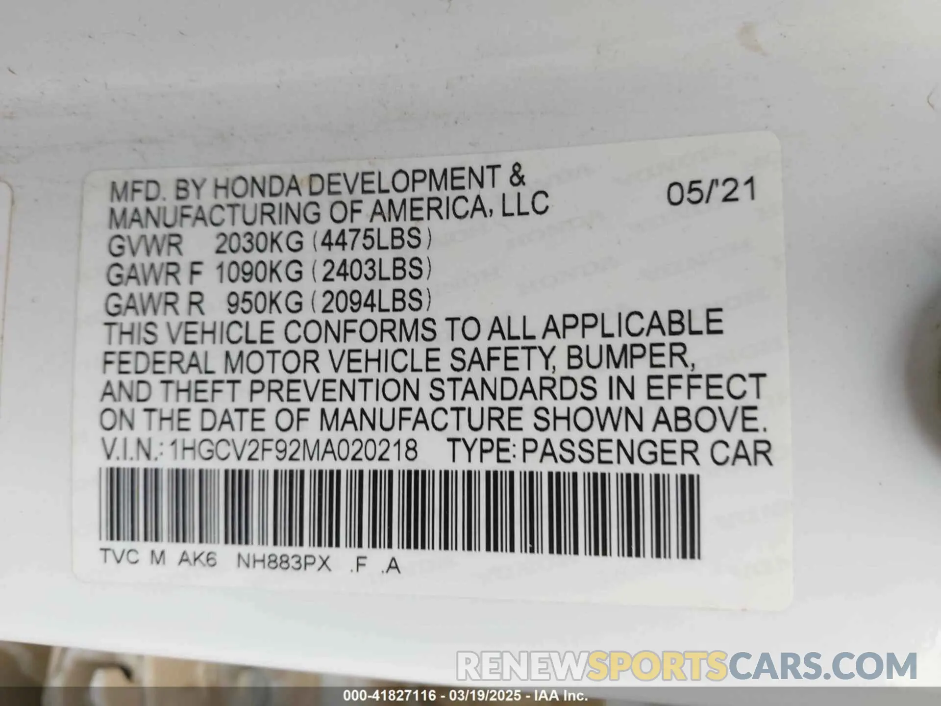 9 Photograph of a damaged car 1HGCV2F92MA020218 HONDA ACCORD 2021