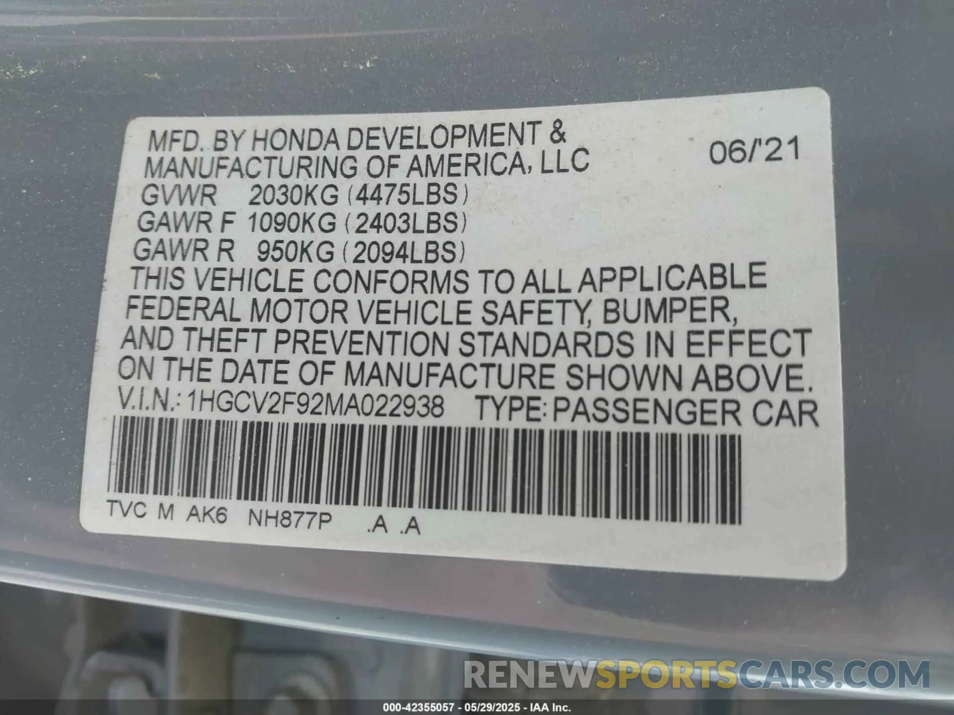 9 Photograph of a damaged car 1HGCV2F92MA022938 HONDA ACCORD 2021