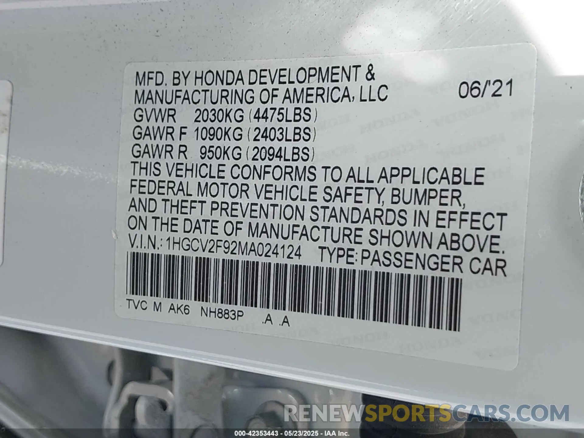 9 Photograph of a damaged car 1HGCV2F92MA024124 HONDA ACCORD 2021