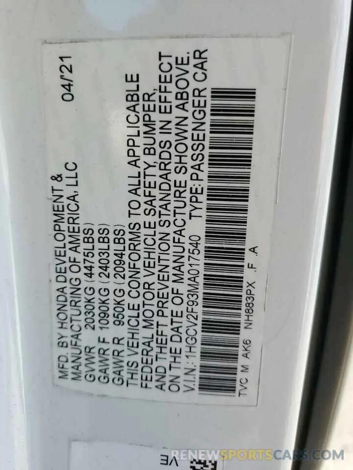 12 Photograph of a damaged car 1HGCV2F93MA017540 HONDA ACCORD 2021