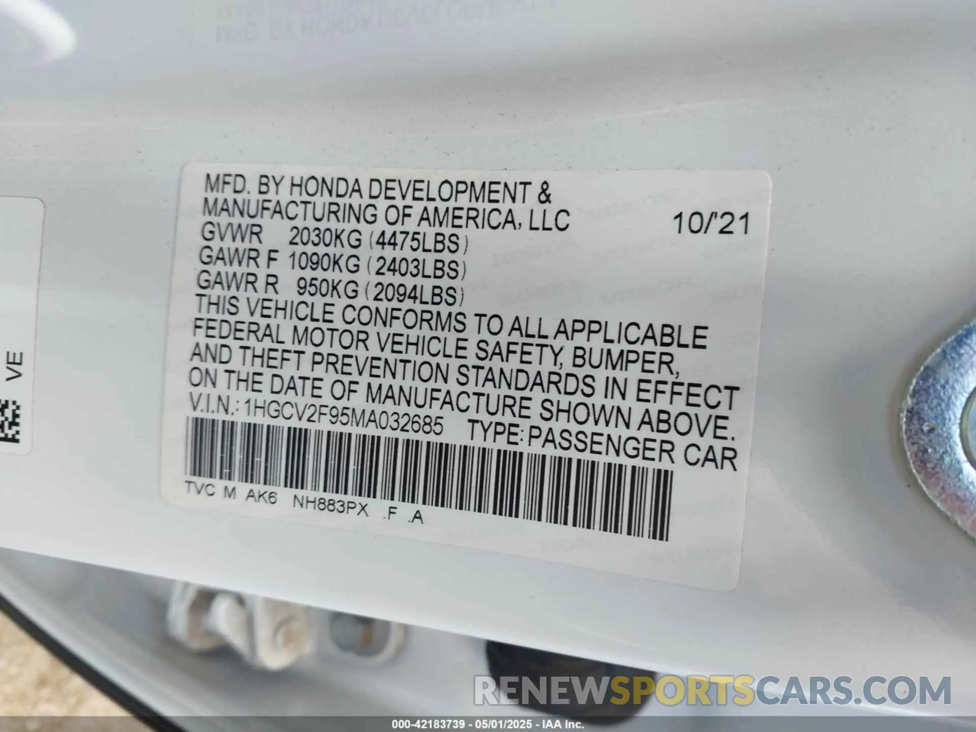 9 Photograph of a damaged car 1HGCV2F95MA032685 HONDA ACCORD 2021
