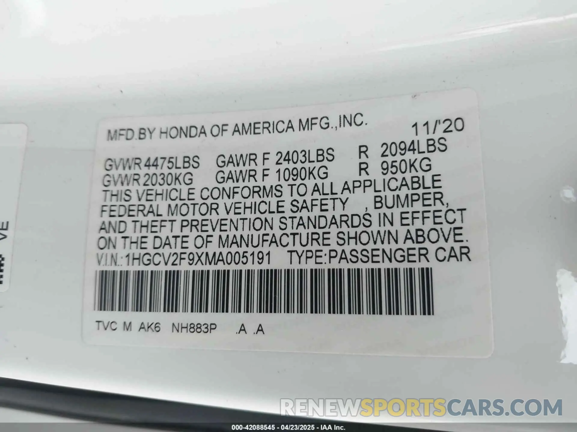 9 Photograph of a damaged car 1HGCV2F9XMA005191 HONDA ACCORD 2021