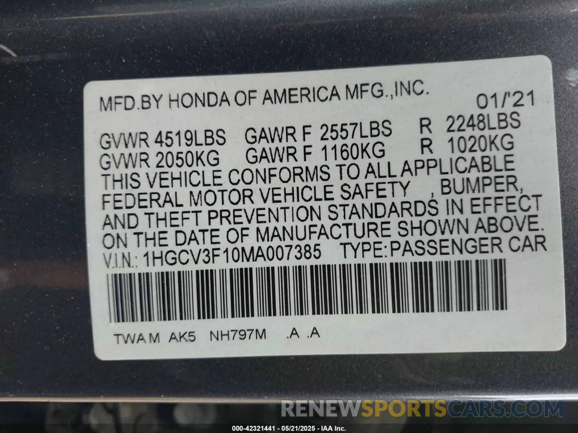 9 Photograph of a damaged car 1HGCV3F10MA007385 HONDA ACCORD 2021