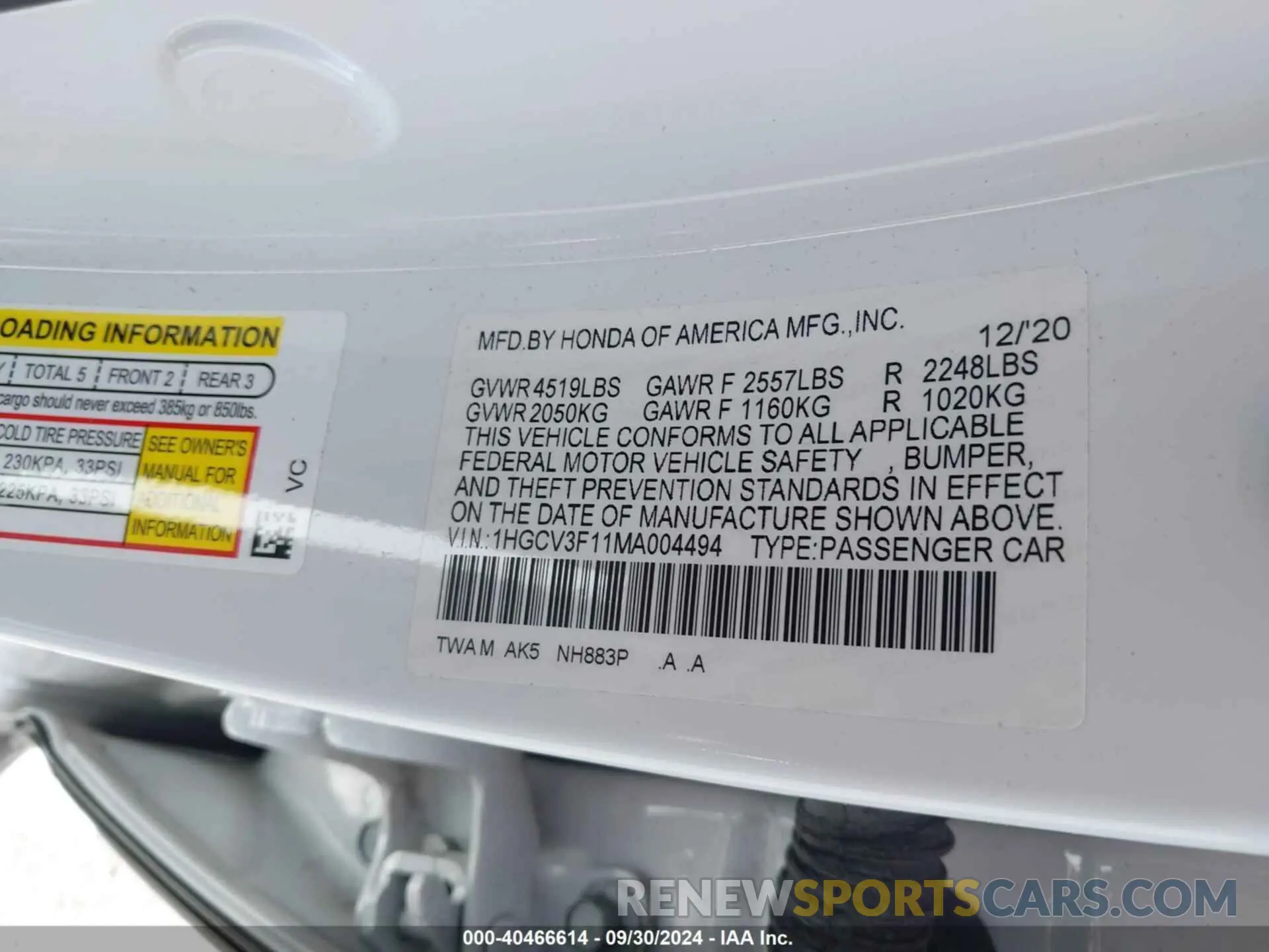 9 Photograph of a damaged car 1HGCV3F11MA004494 HONDA ACCORD 2021