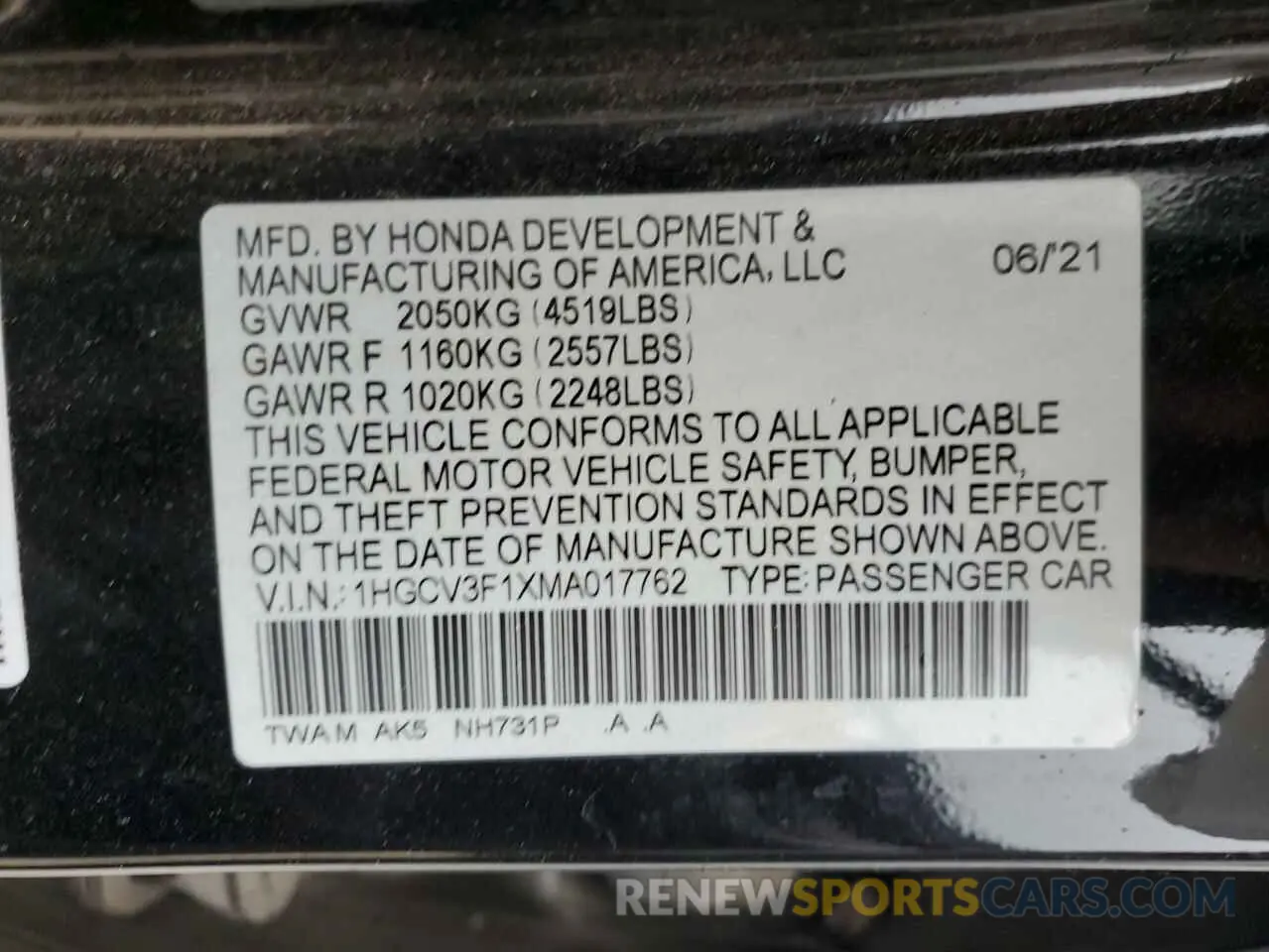13 Photograph of a damaged car 1HGCV3F1XMA017762 HONDA ACCORD 2021