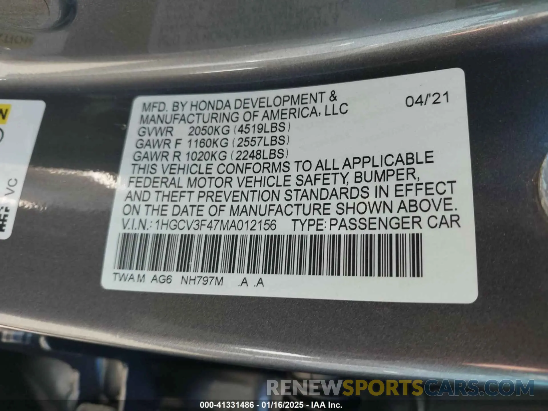 9 Photograph of a damaged car 1HGCV3F47MA012156 HONDA ACCORD 2021
