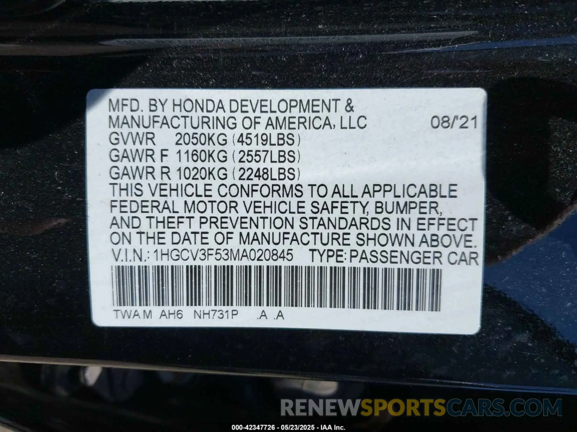 9 Photograph of a damaged car 1HGCV3F53MA020845 HONDA ACCORD 2021
