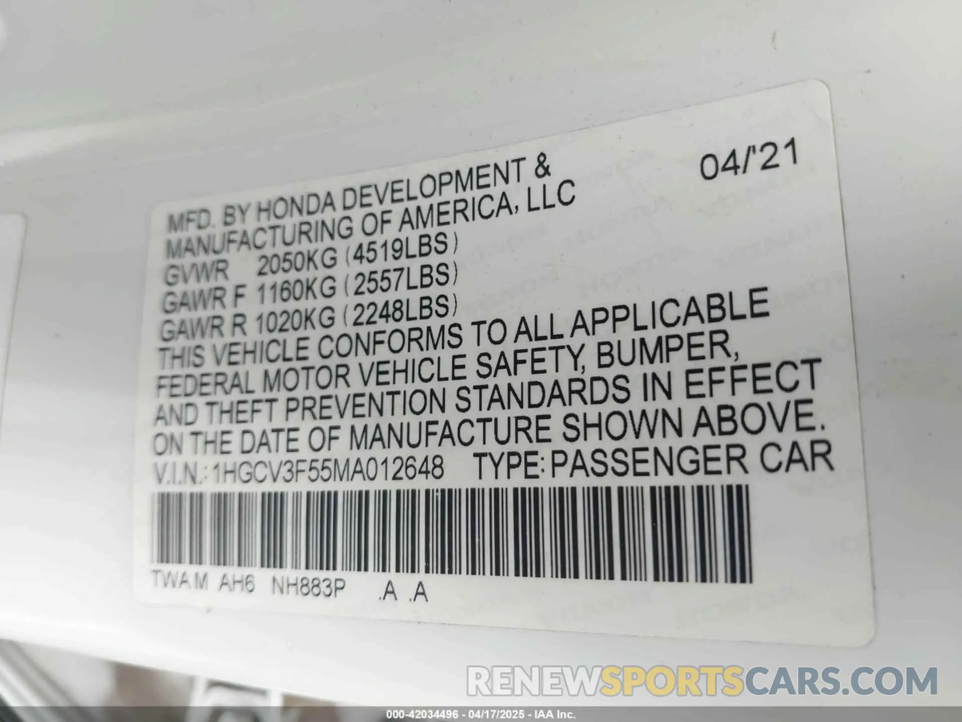 9 Photograph of a damaged car 1HGCV3F55MA012648 HONDA ACCORD 2021