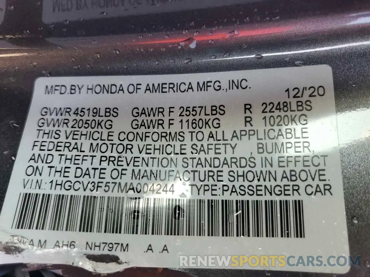 14 Photograph of a damaged car 1HGCV3F57MA004244 HONDA ACCORD 2021