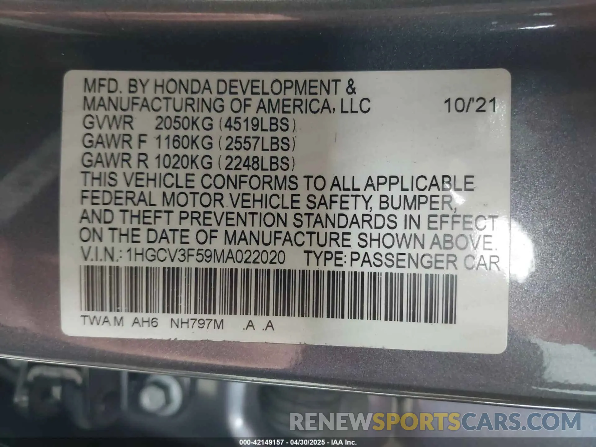 9 Photograph of a damaged car 1HGCV3F59MA022020 HONDA ACCORD 2021