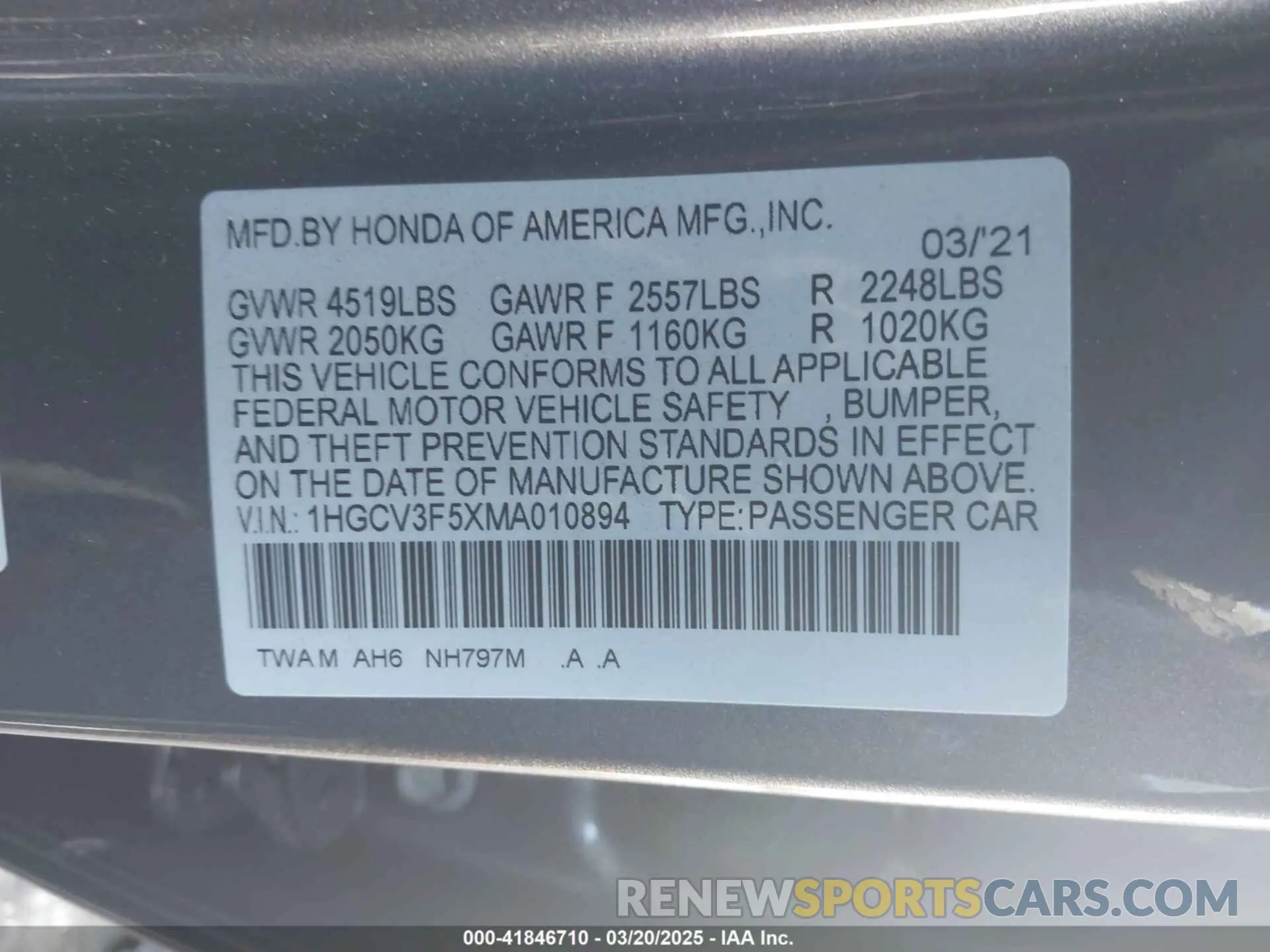 9 Photograph of a damaged car 1HGCV3F5XMA010894 HONDA ACCORD 2021