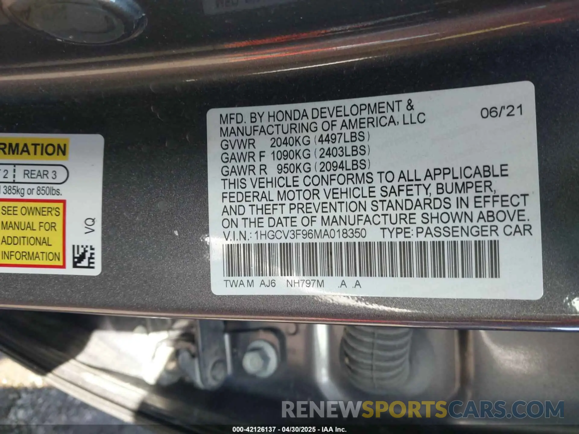 9 Photograph of a damaged car 1HGCV3F96MA018350 HONDA ACCORD 2021