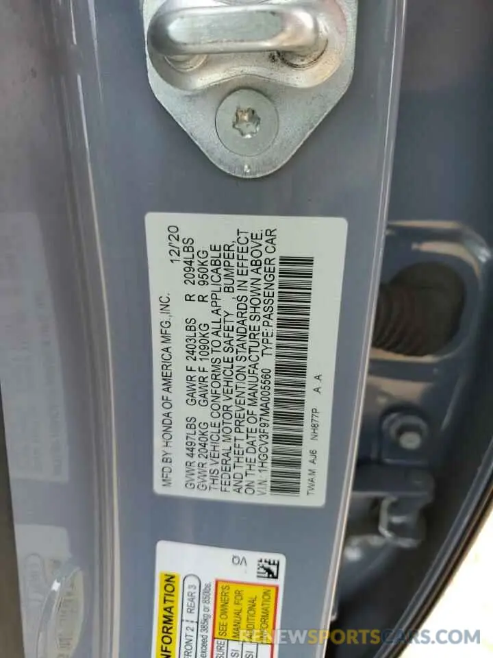 13 Photograph of a damaged car 1HGCV3F97MA005560 HONDA ACCORD 2021