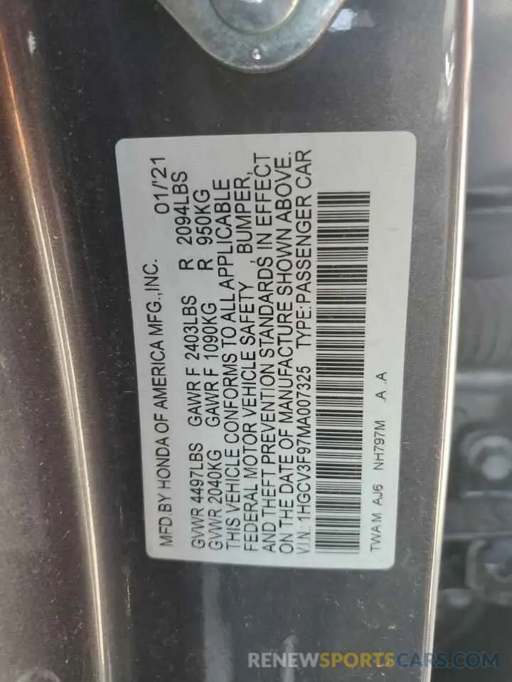 12 Photograph of a damaged car 1HGCV3F97MA007325 HONDA ACCORD 2021