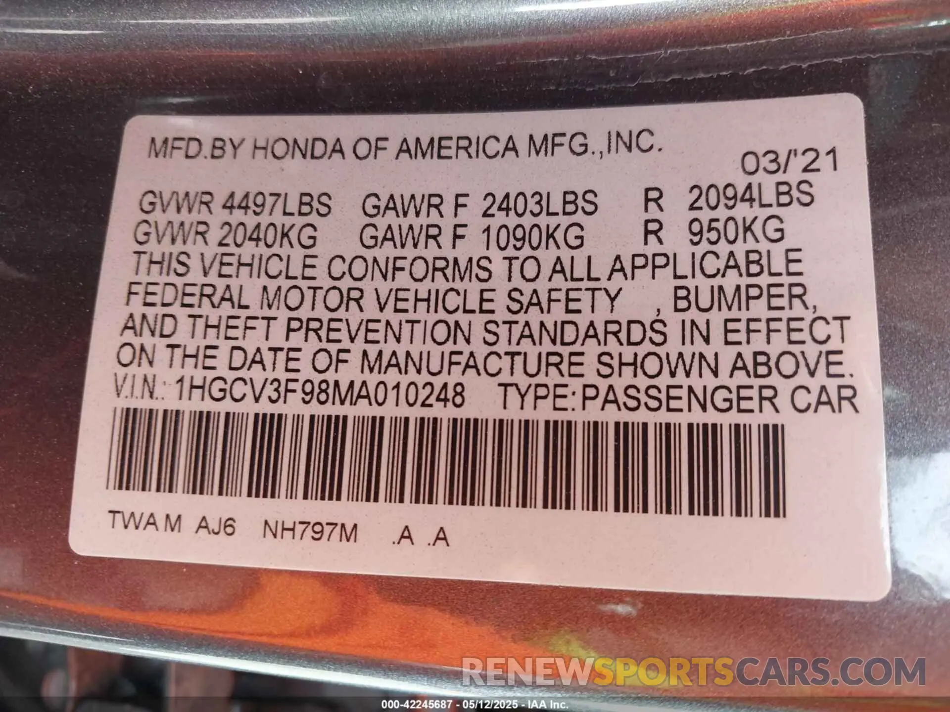 9 Photograph of a damaged car 1HGCV3F98MA010248 HONDA ACCORD 2021