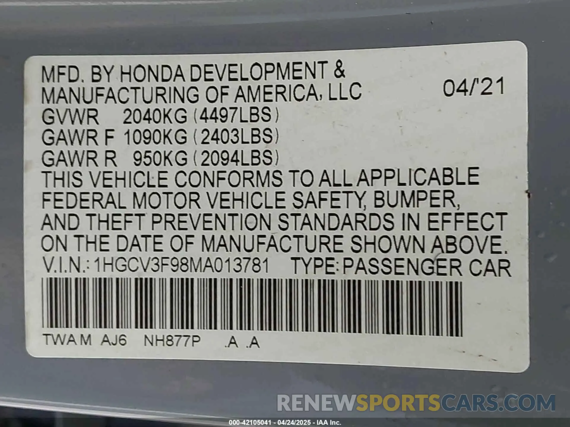 9 Photograph of a damaged car 1HGCV3F98MA013781 HONDA ACCORD 2021