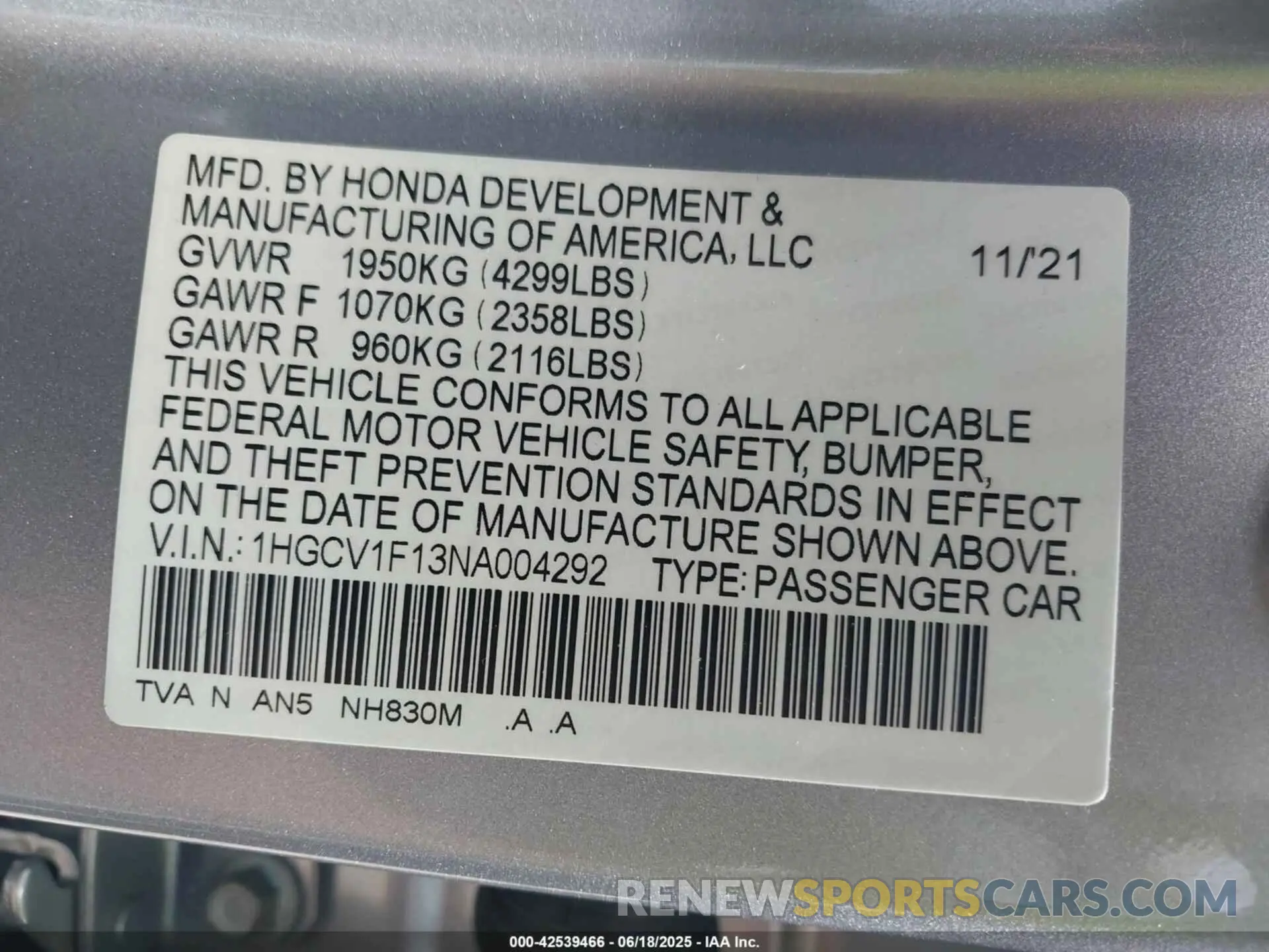 9 Photograph of a damaged car 1HGCV1F13NA004292 HONDA ACCORD 2022