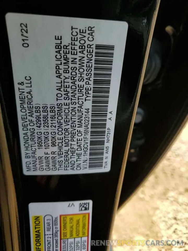 12 Photograph of a damaged car 1HGCV1F16NA023144 HONDA ACCORD 2022