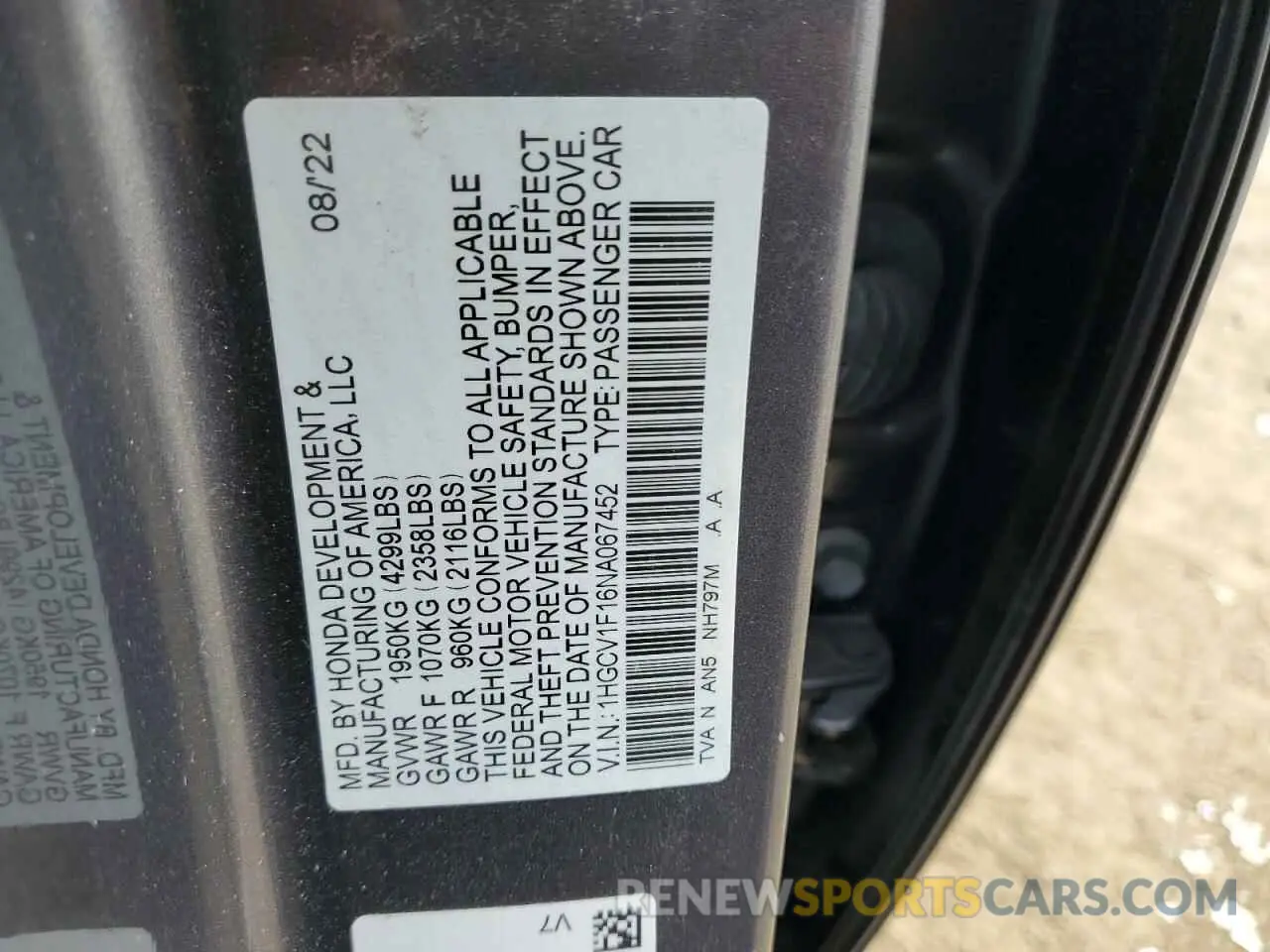12 Photograph of a damaged car 1HGCV1F16NA067452 HONDA ACCORD 2022
