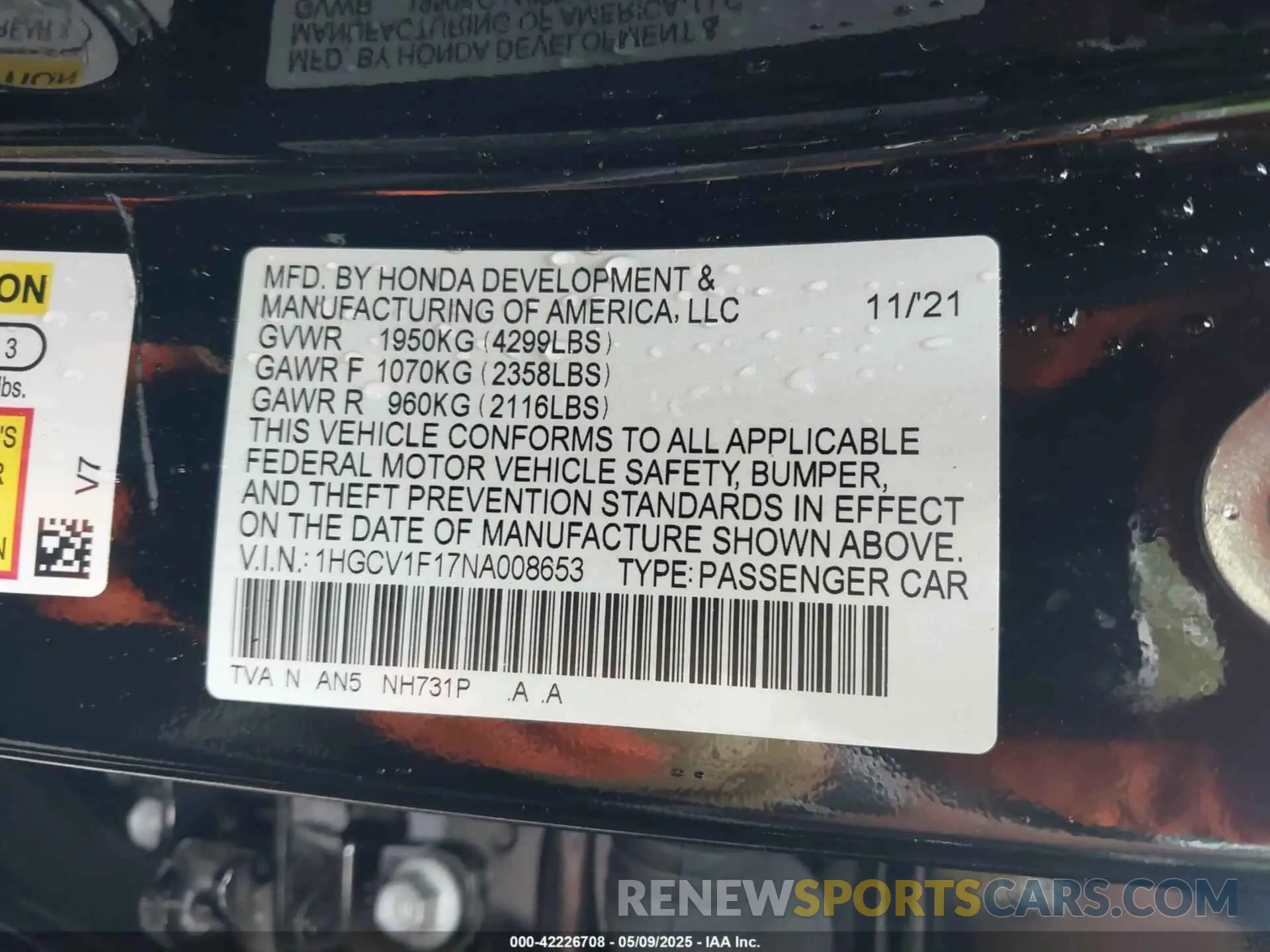 9 Photograph of a damaged car 1HGCV1F17NA008653 HONDA ACCORD 2022