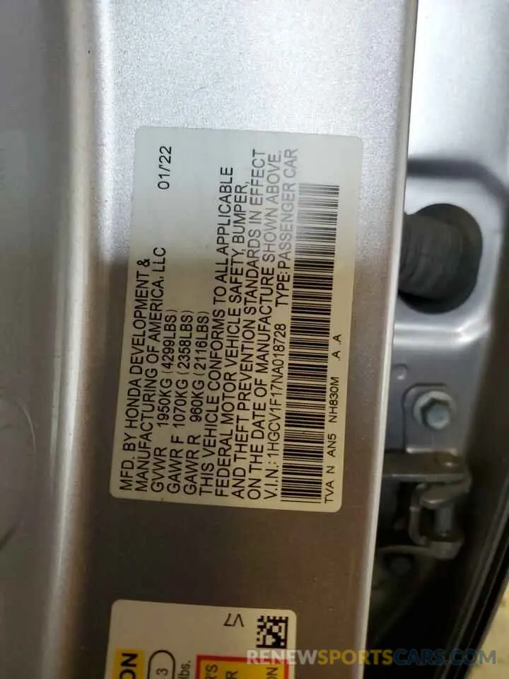 12 Photograph of a damaged car 1HGCV1F17NA018728 HONDA ACCORD 2022
