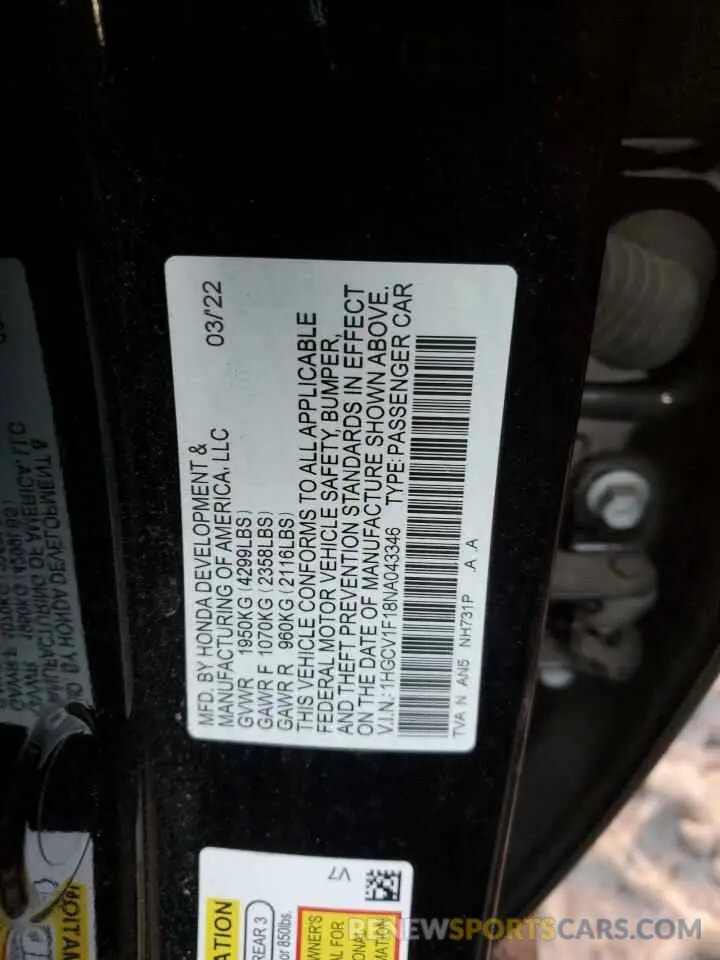12 Photograph of a damaged car 1HGCV1F18NA043346 HONDA ACCORD 2022