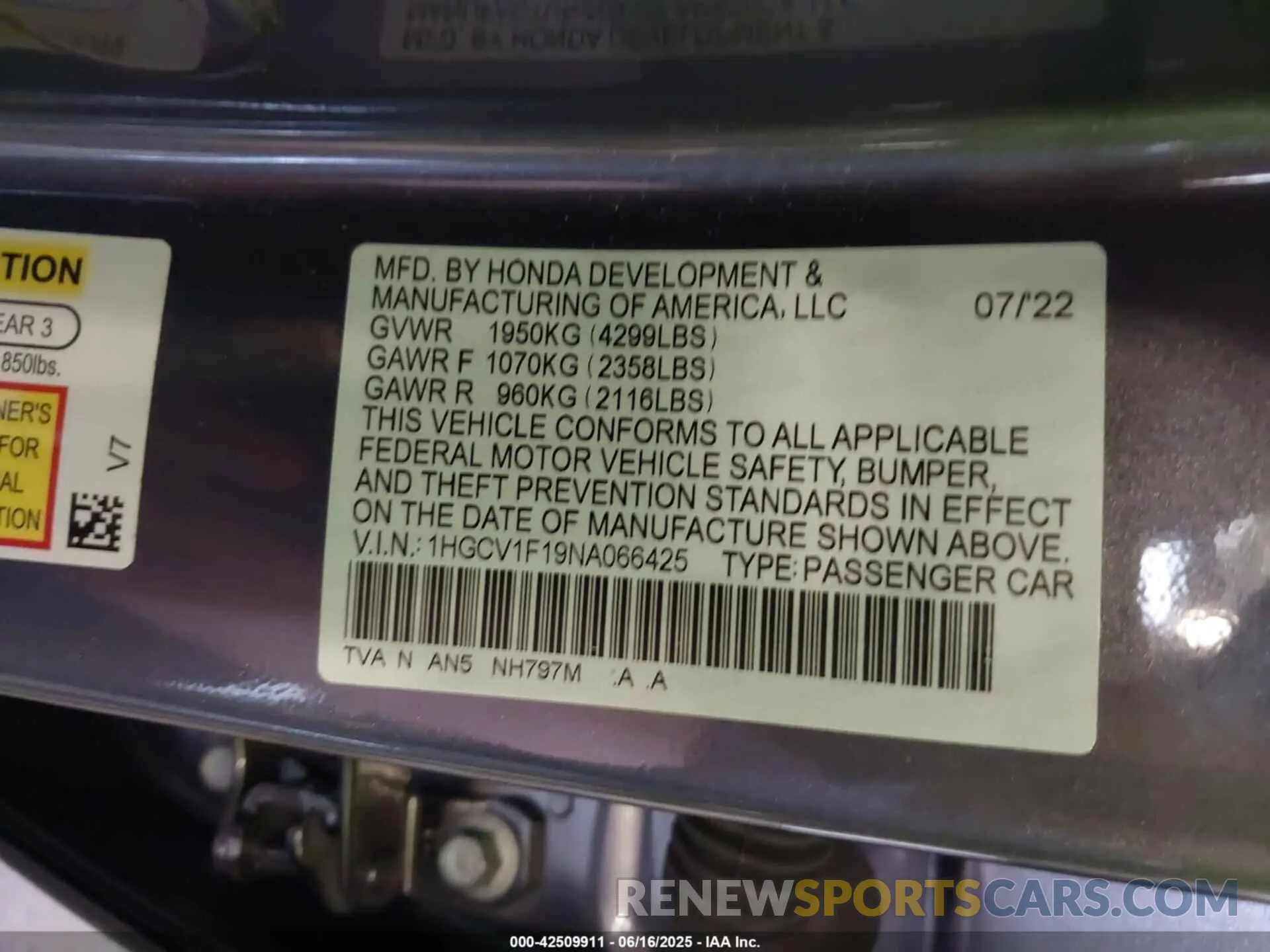 9 Photograph of a damaged car 1HGCV1F19NA066425 HONDA ACCORD 2022