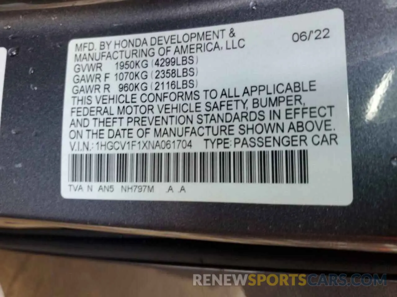 13 Photograph of a damaged car 1HGCV1F1XNA061704 HONDA ACCORD 2022