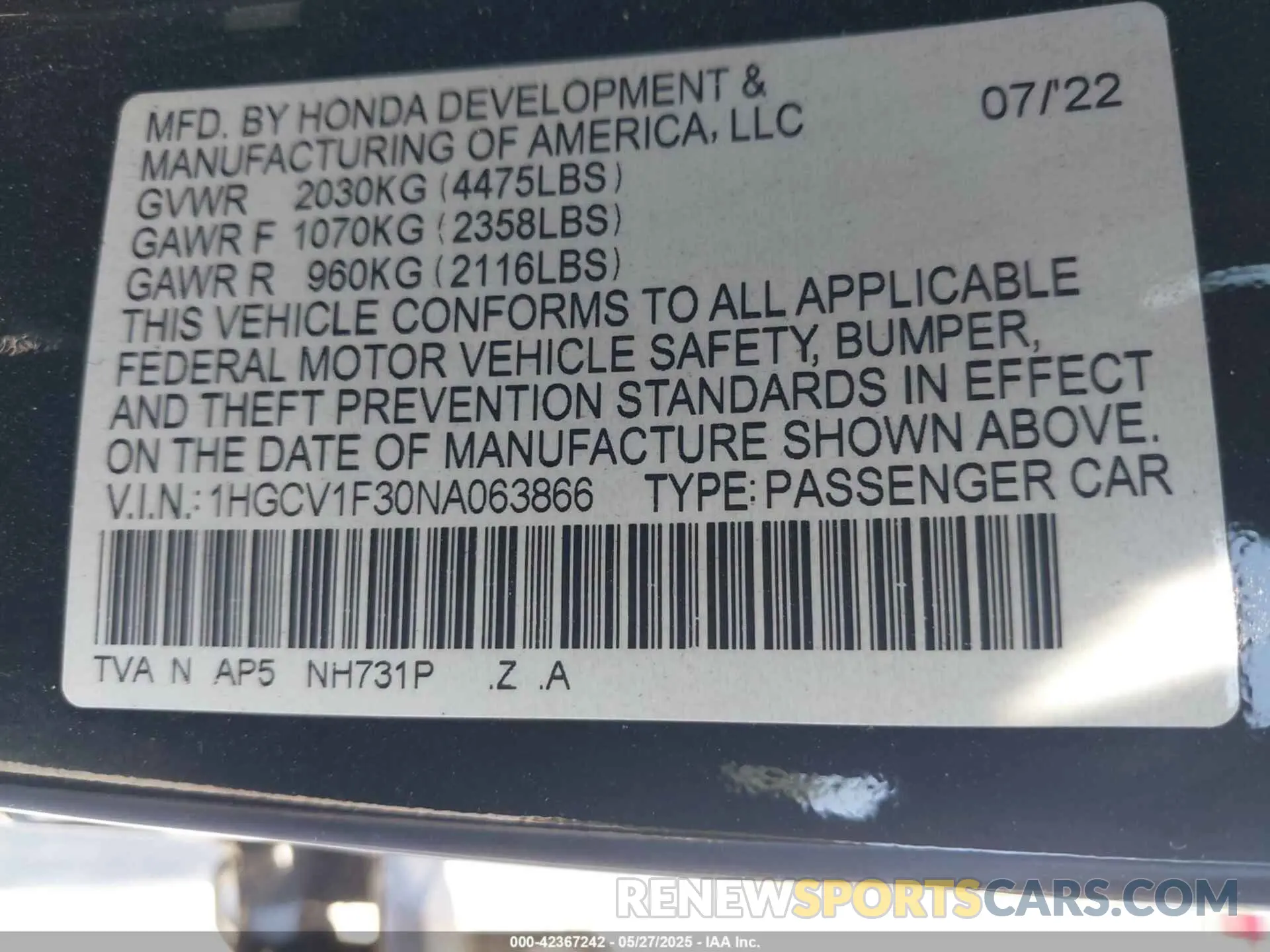 9 Photograph of a damaged car 1HGCV1F30NA063866 HONDA ACCORD 2022