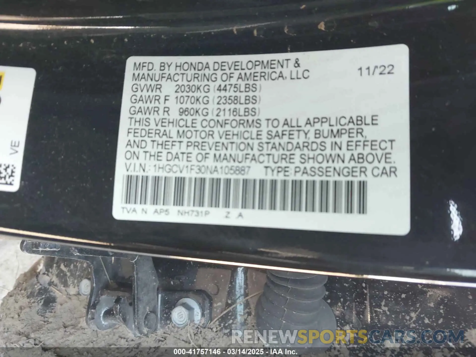 9 Photograph of a damaged car 1HGCV1F30NA105887 HONDA ACCORD 2022