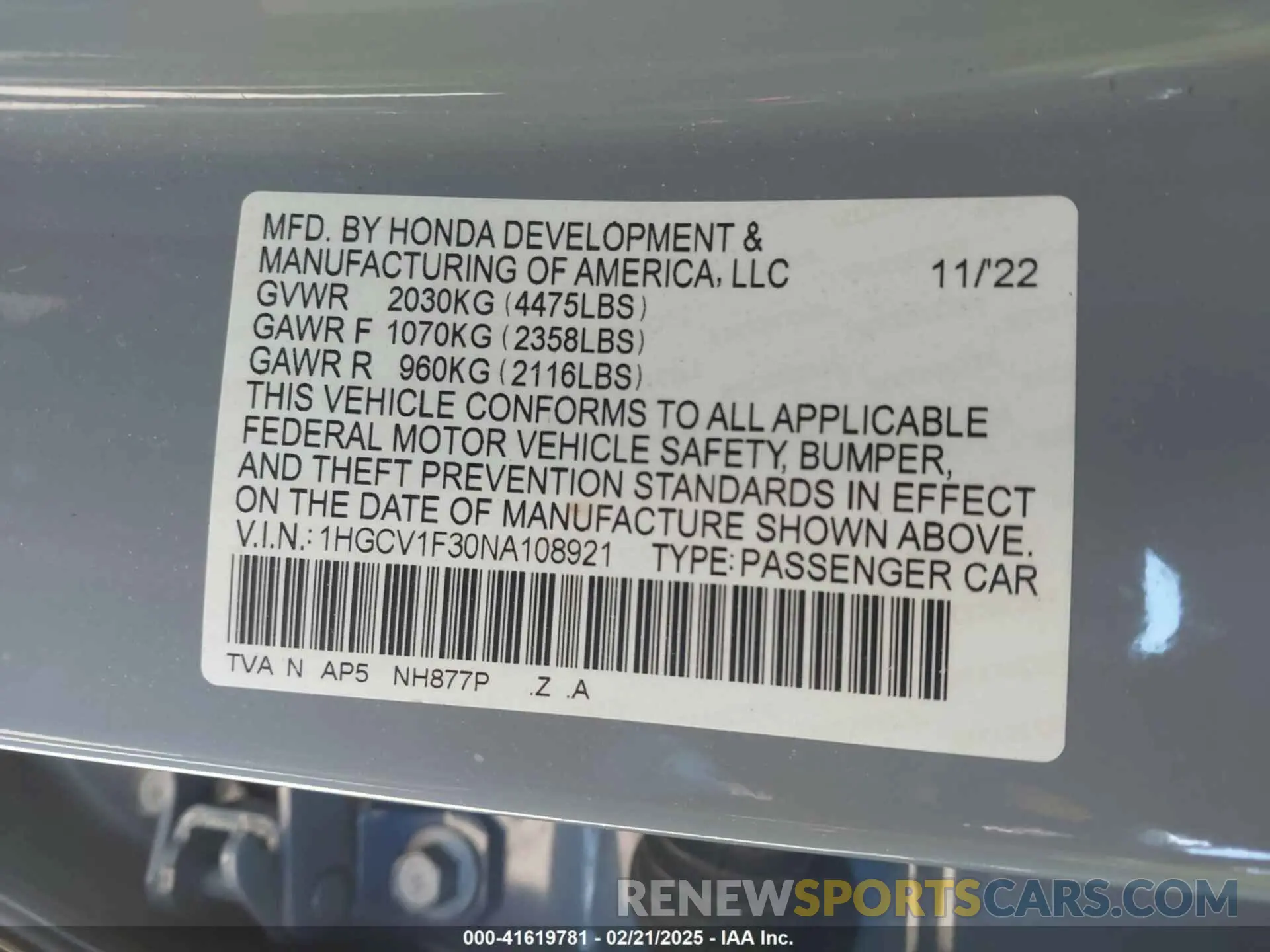 9 Photograph of a damaged car 1HGCV1F30NA108921 HONDA ACCORD 2022