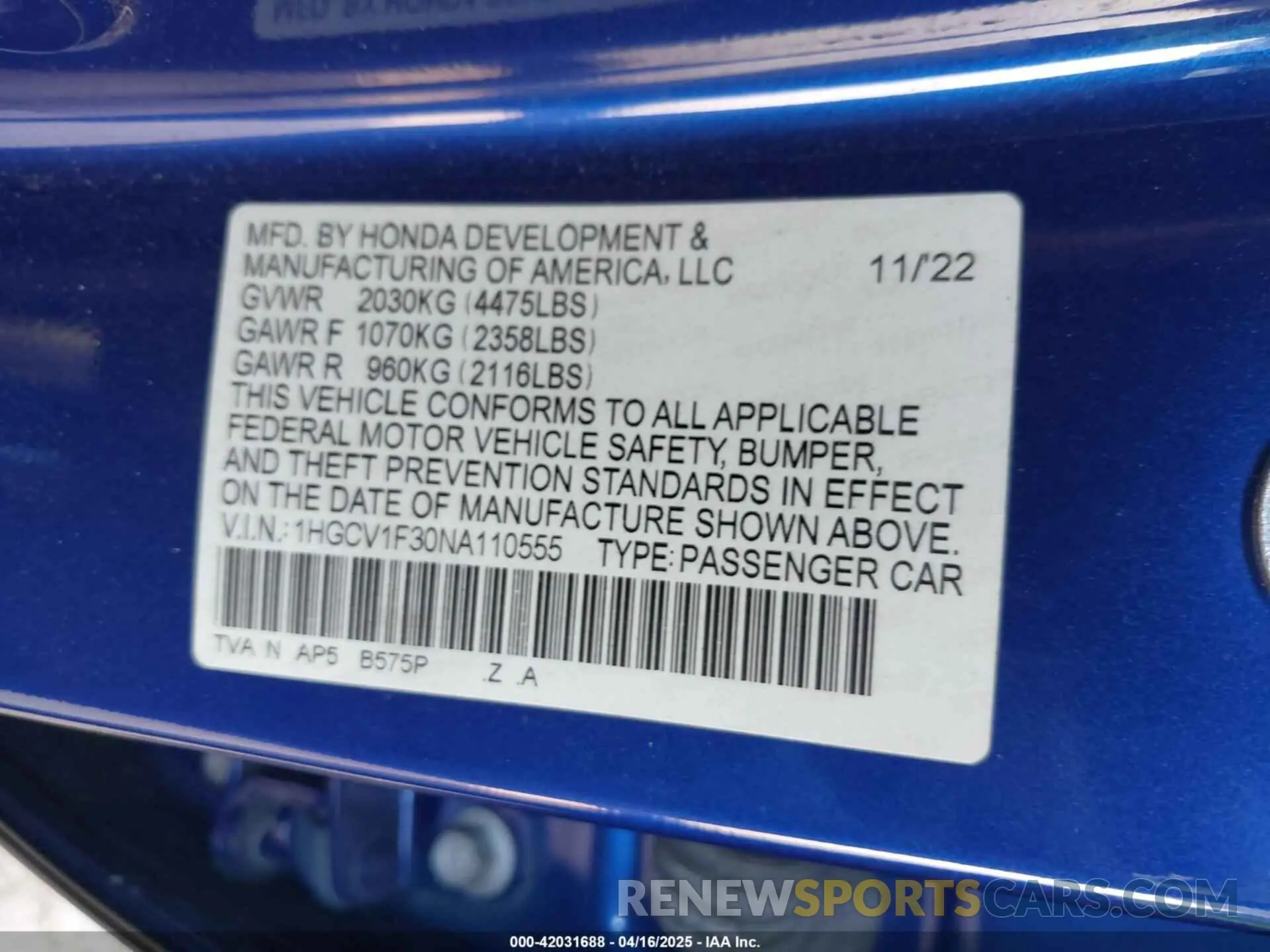 9 Photograph of a damaged car 1HGCV1F30NA110555 HONDA ACCORD 2022