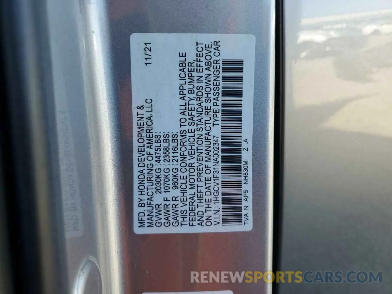 12 Photograph of a damaged car 1HGCV1F31NA002347 HONDA ACCORD 2022