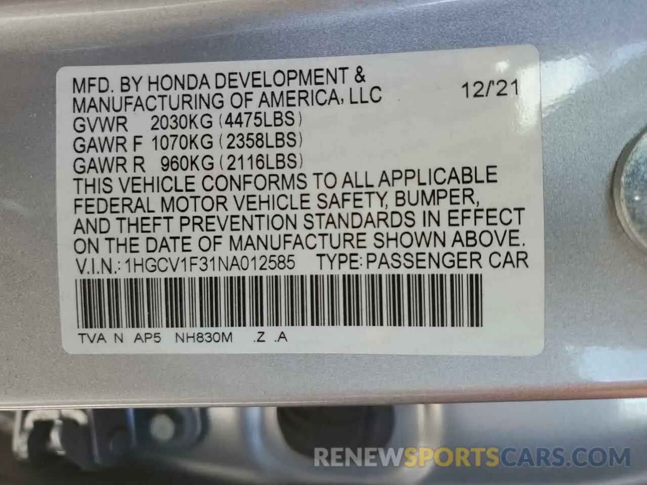13 Photograph of a damaged car 1HGCV1F31NA012585 HONDA ACCORD 2022