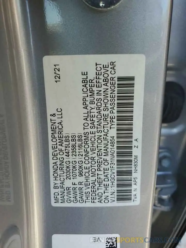 12 Photograph of a damaged car 1HGCV1F31NA014854 HONDA ACCORD 2022