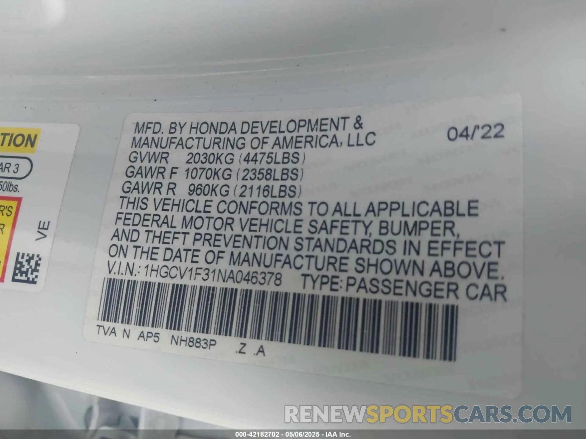 9 Photograph of a damaged car 1HGCV1F31NA046378 HONDA ACCORD 2022