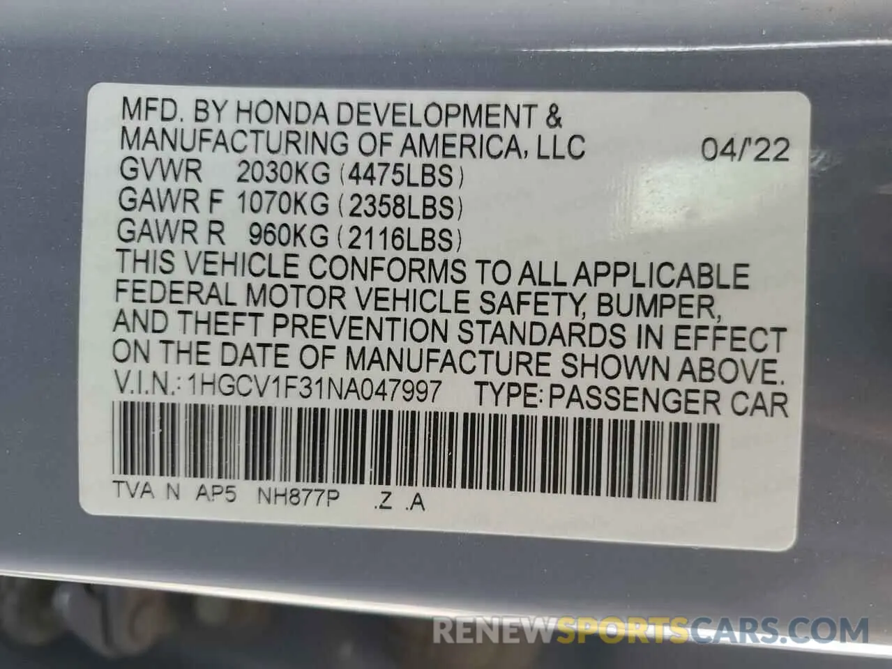14 Photograph of a damaged car 1HGCV1F31NA047997 HONDA ACCORD 2022