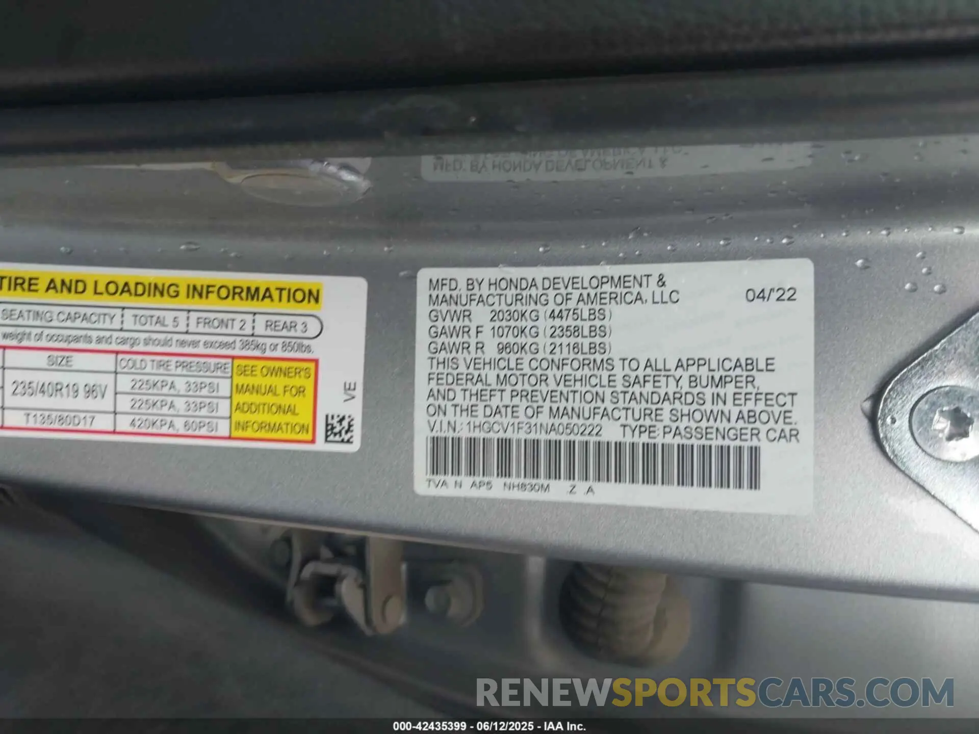 9 Photograph of a damaged car 1HGCV1F31NA050222 HONDA ACCORD 2022