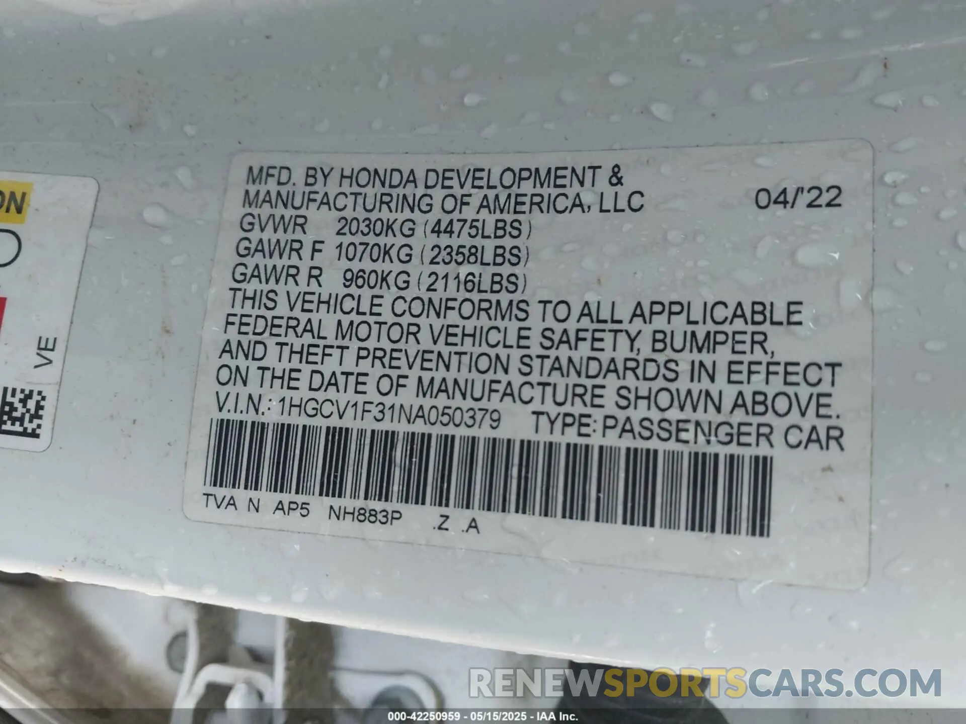 9 Photograph of a damaged car 1HGCV1F31NA050379 HONDA ACCORD 2022