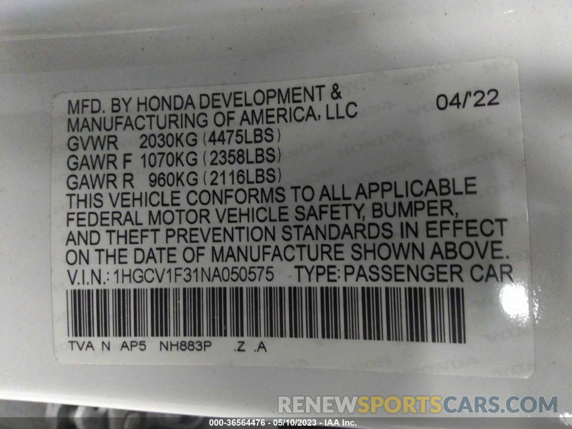 9 Photograph of a damaged car 1HGCV1F31NA050575 HONDA ACCORD 2022