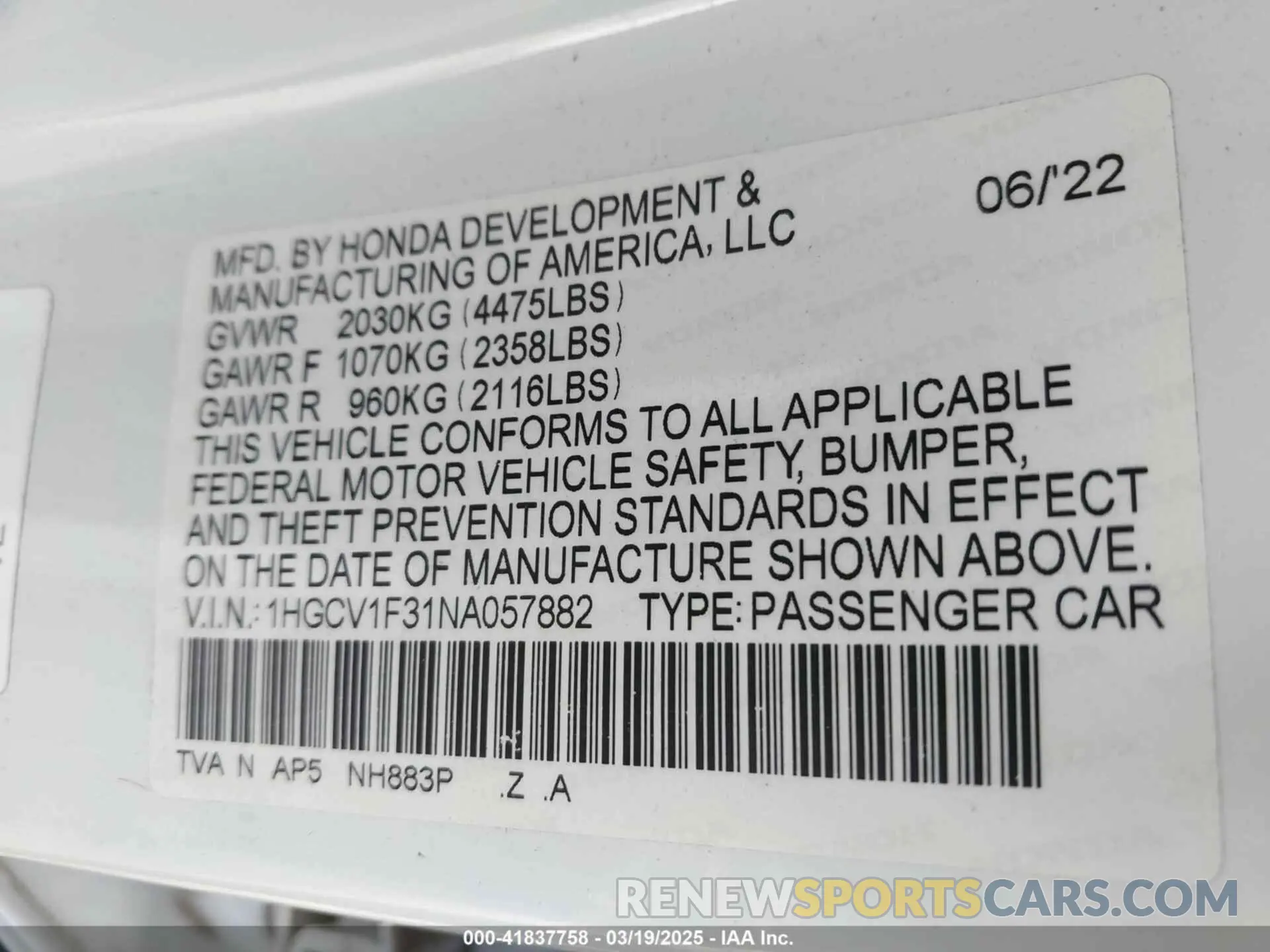9 Photograph of a damaged car 1HGCV1F31NA057882 HONDA ACCORD 2022