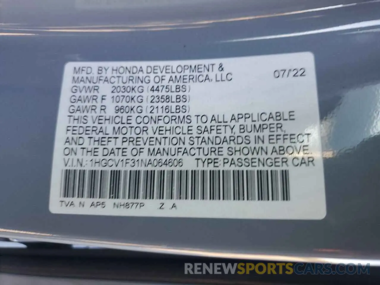 13 Photograph of a damaged car 1HGCV1F31NA064606 HONDA ACCORD 2022