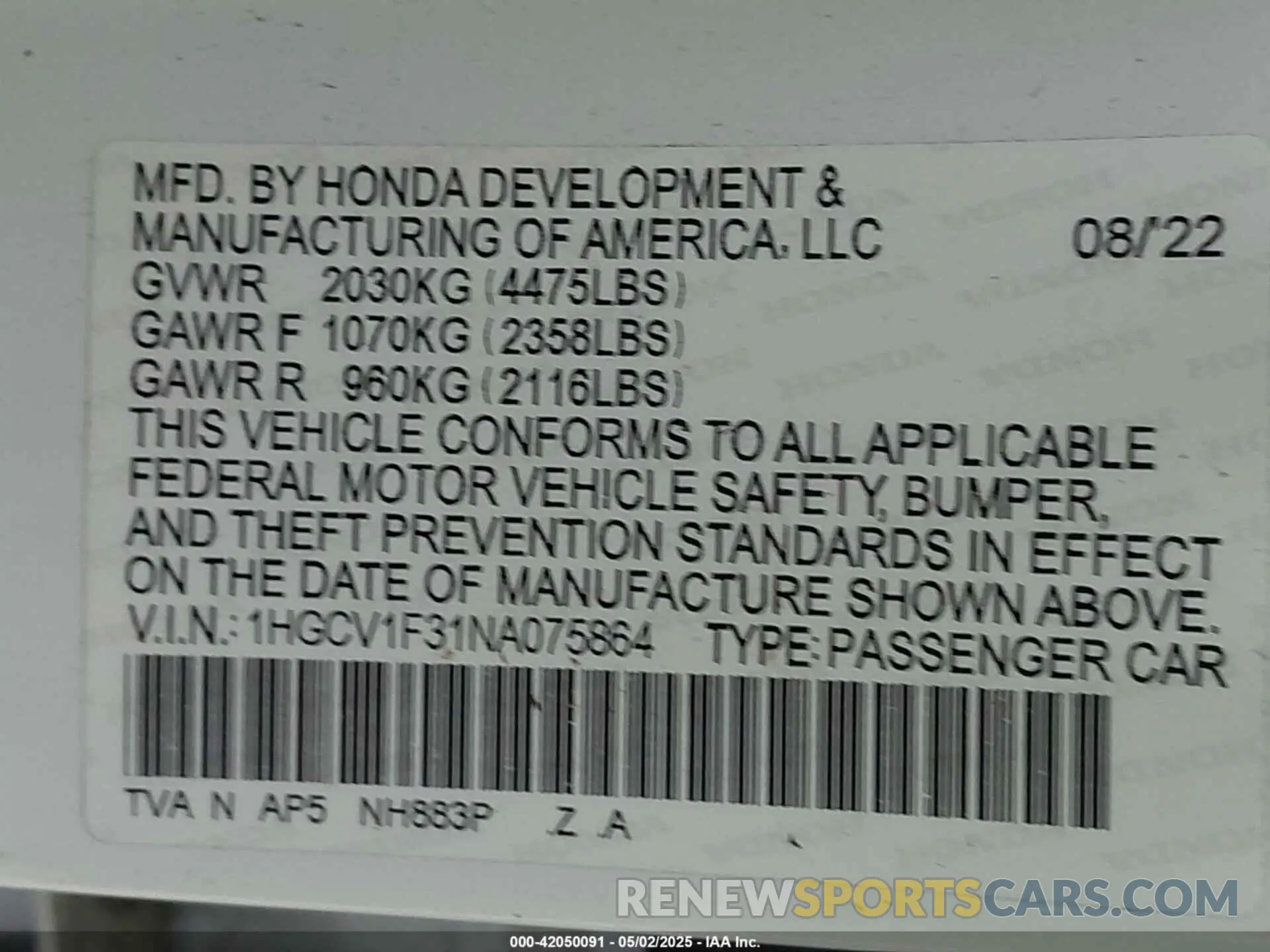 9 Photograph of a damaged car 1HGCV1F31NA075864 HONDA ACCORD 2022