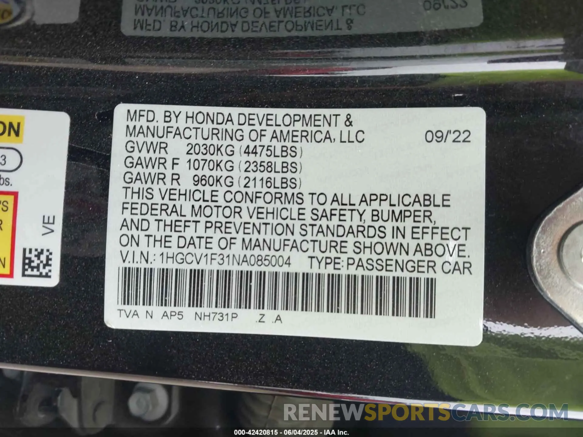 9 Photograph of a damaged car 1HGCV1F31NA085004 HONDA ACCORD 2022